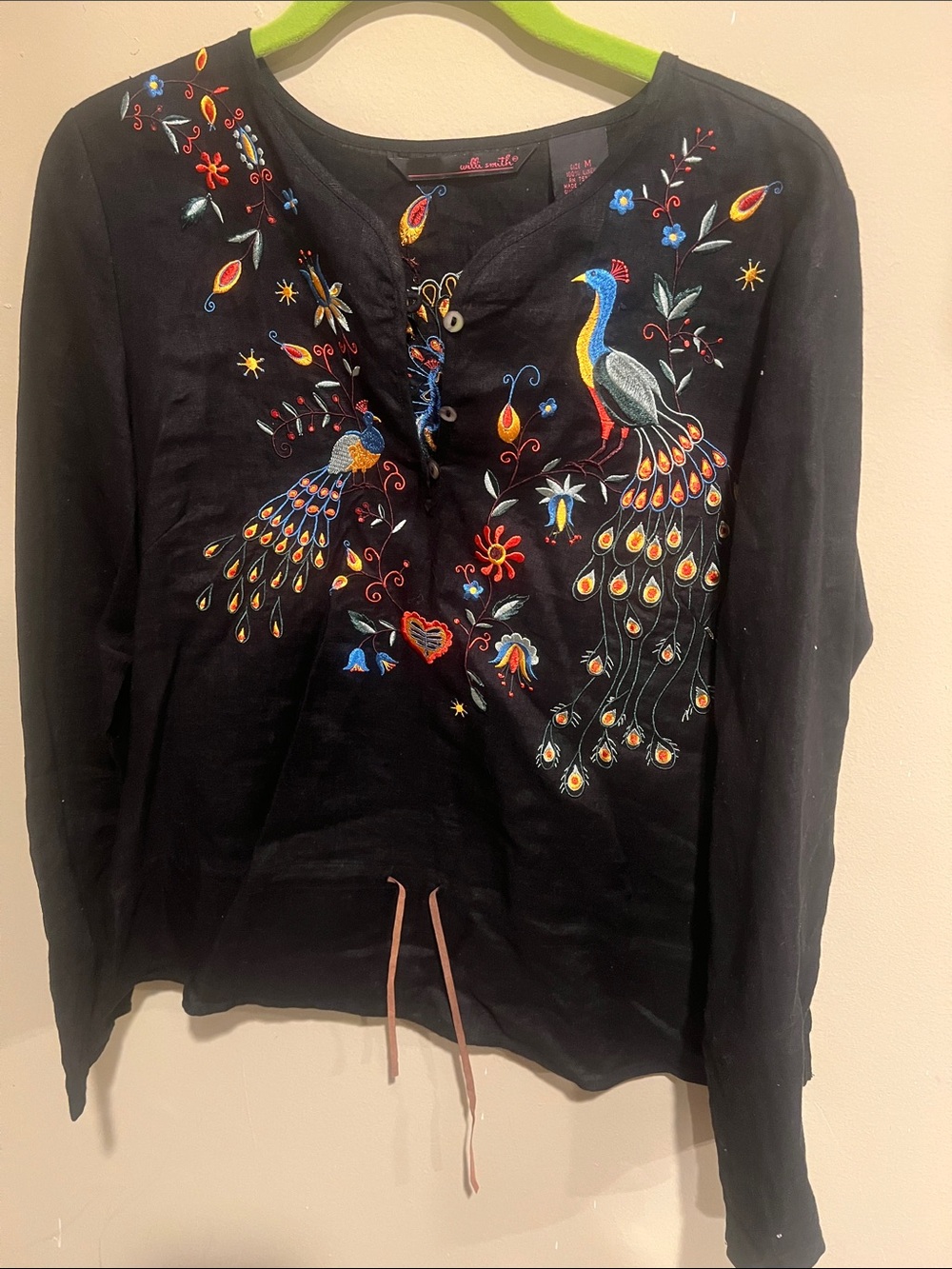 Willi Smith 100% Linen Black Peasant Tunic with Multicolor Peacock Embroidery